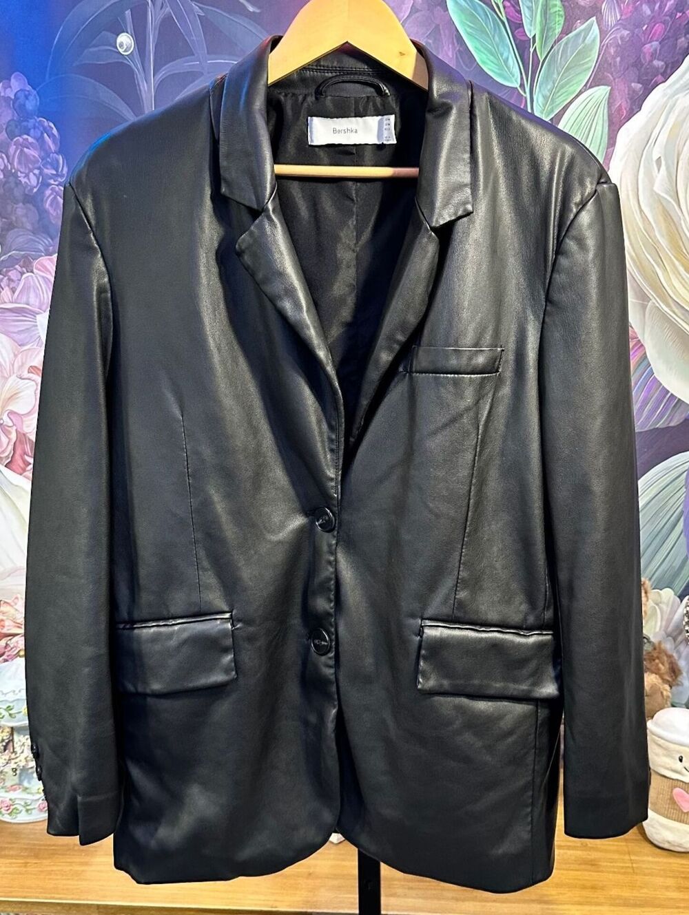 Bershka M Faux Leather Blazer Black Oversized Moto Y2K Streetwear Jacket